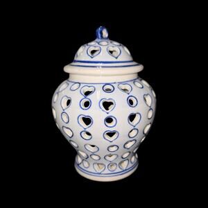 VTG Japanese Blue & White Heart Pierced Porcelain Ginger Jar Lidded Tea Light